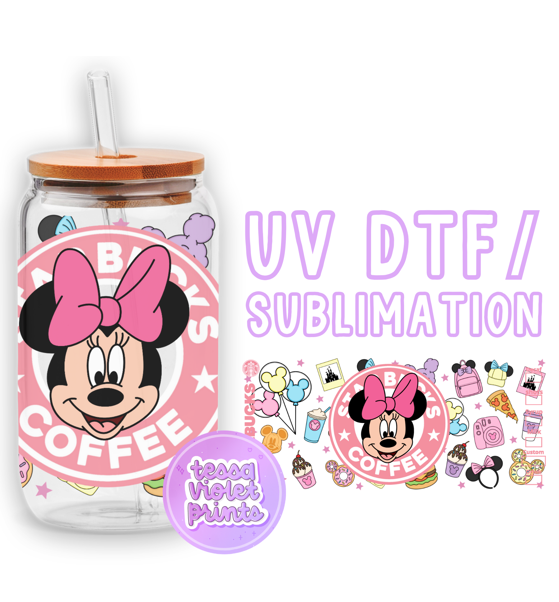 a glass jar with a minnie mouse sticker on it