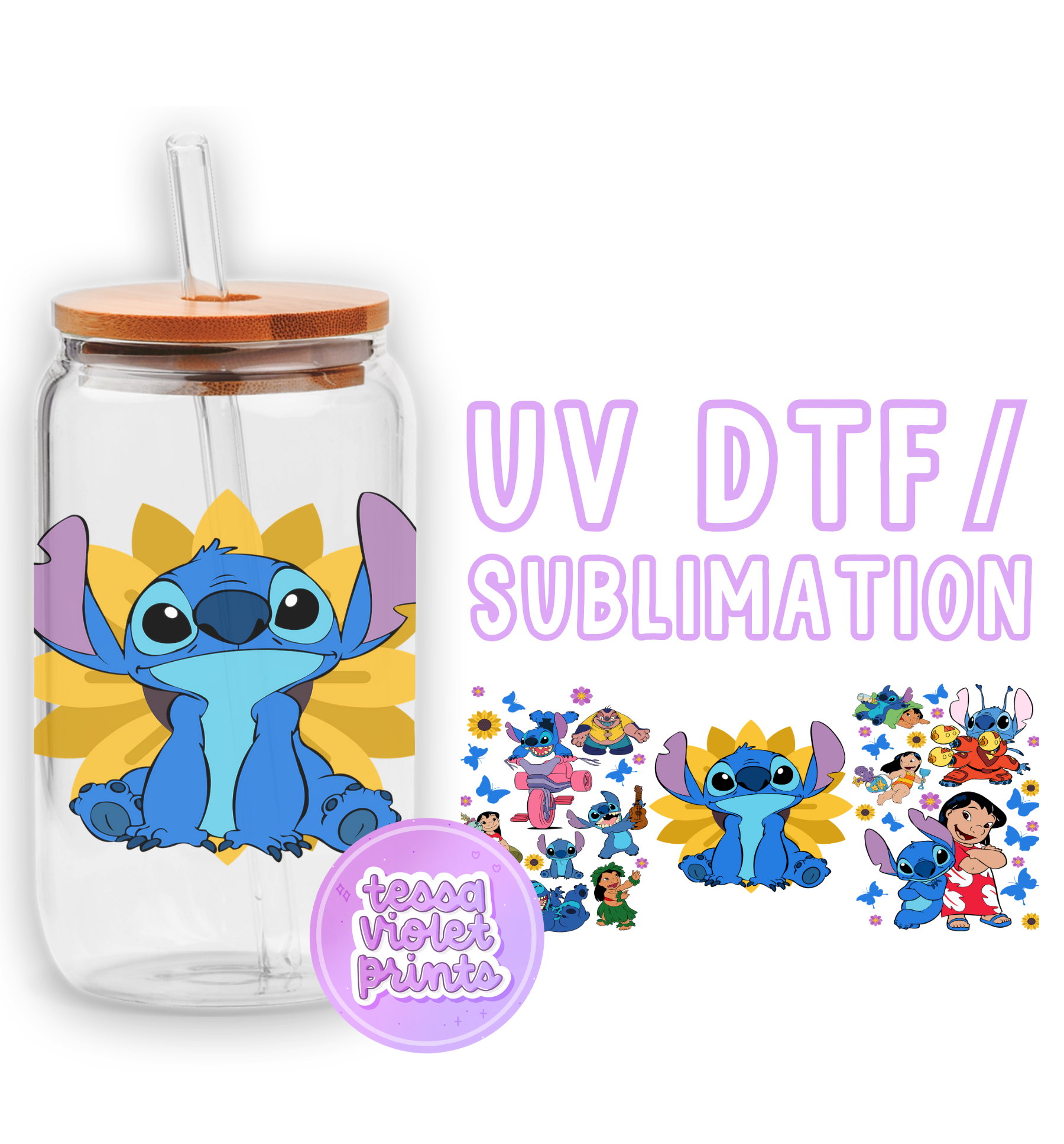 a glass jar with a picture of stitch - stitch stitch stitch stitch stitch stitch stitch
