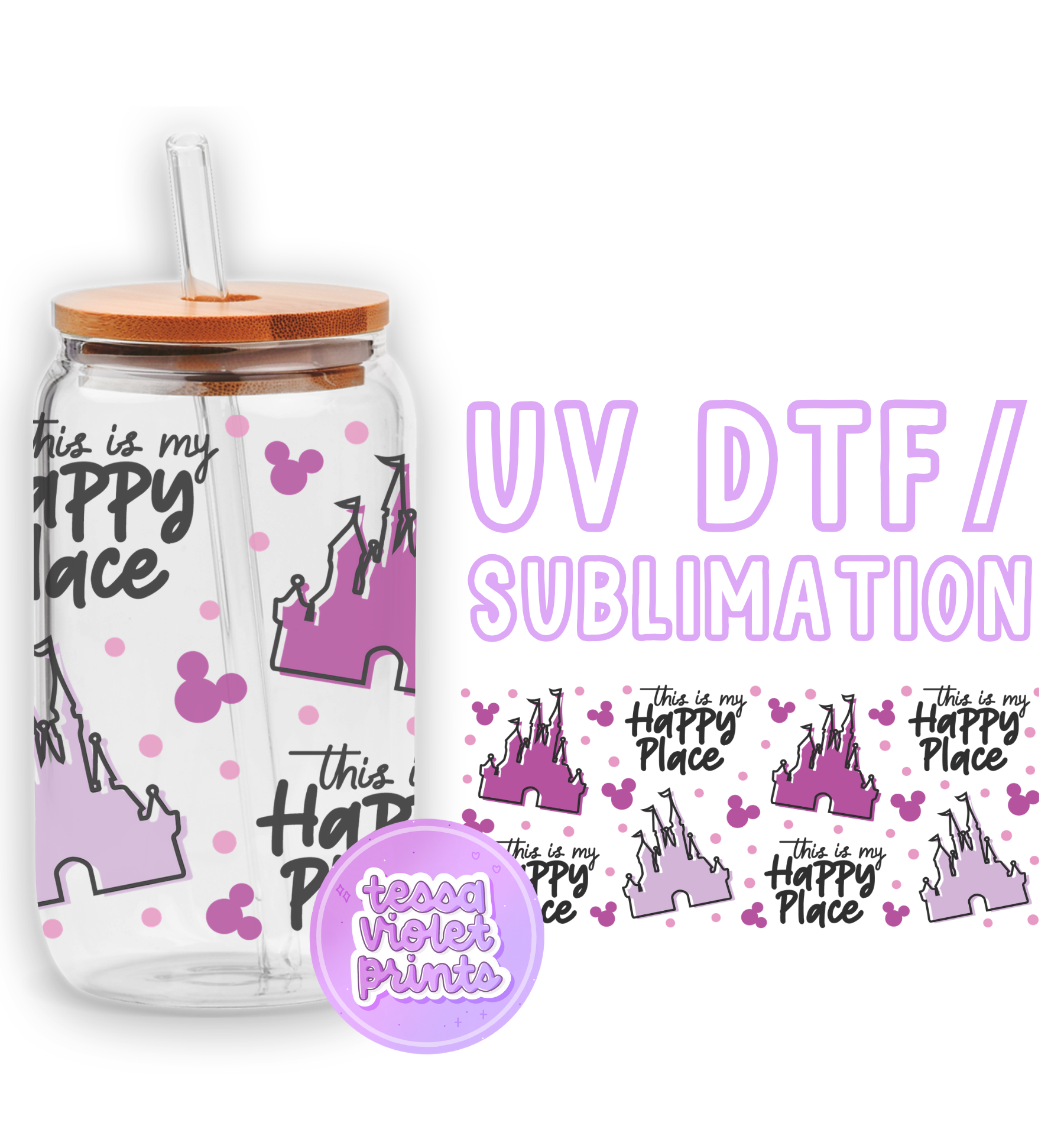 a glass jar with a straw lid and stickers on it