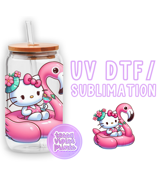 a pink flamingo with a hello kitty on it