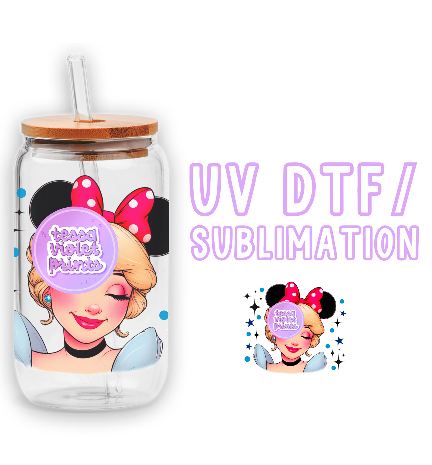a glass jar with a minnie mouse sticker on it