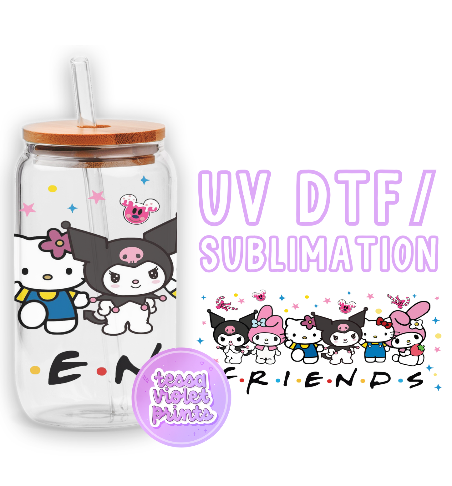 a glass cup with a straw lid and a sticker on it