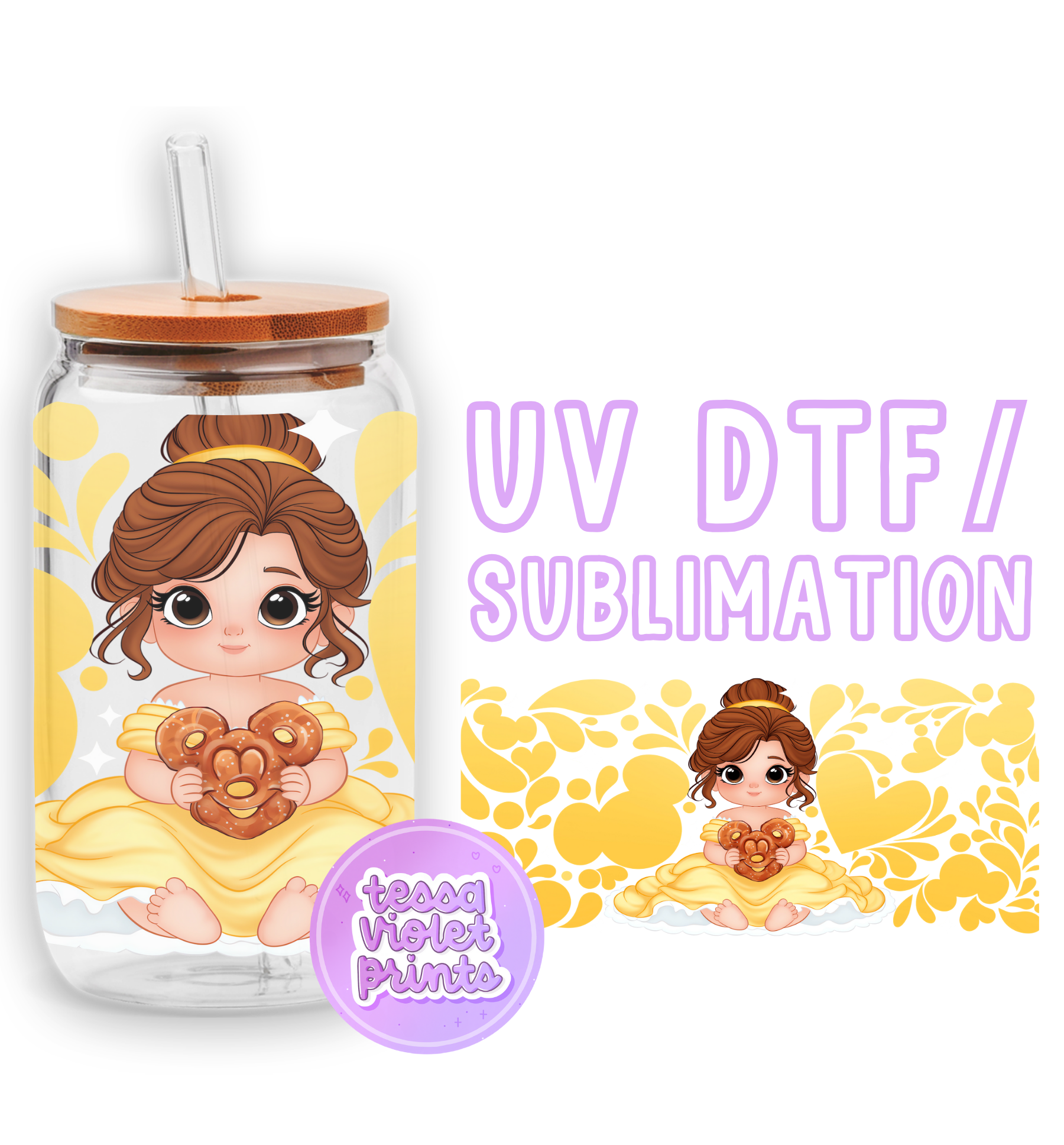 a jar with a picture of a girl holding a donut