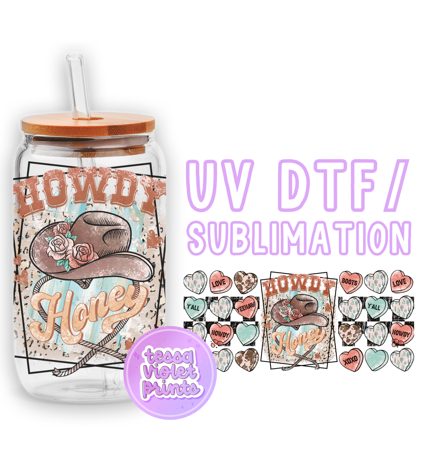 a jar with a straw lid and a sticker with a picture of a cowboy