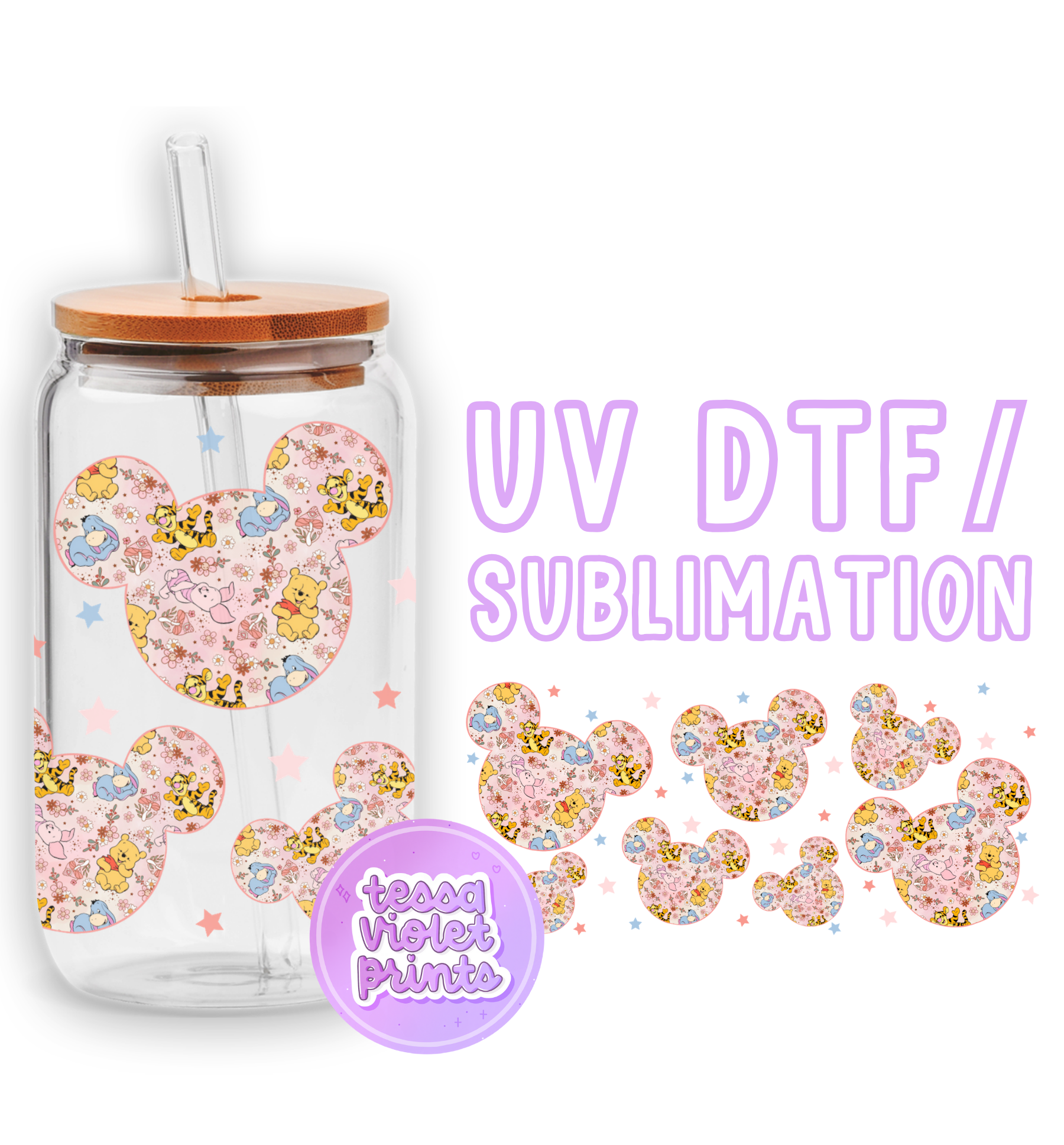 a glass jar with glitter hearts and a straw in it