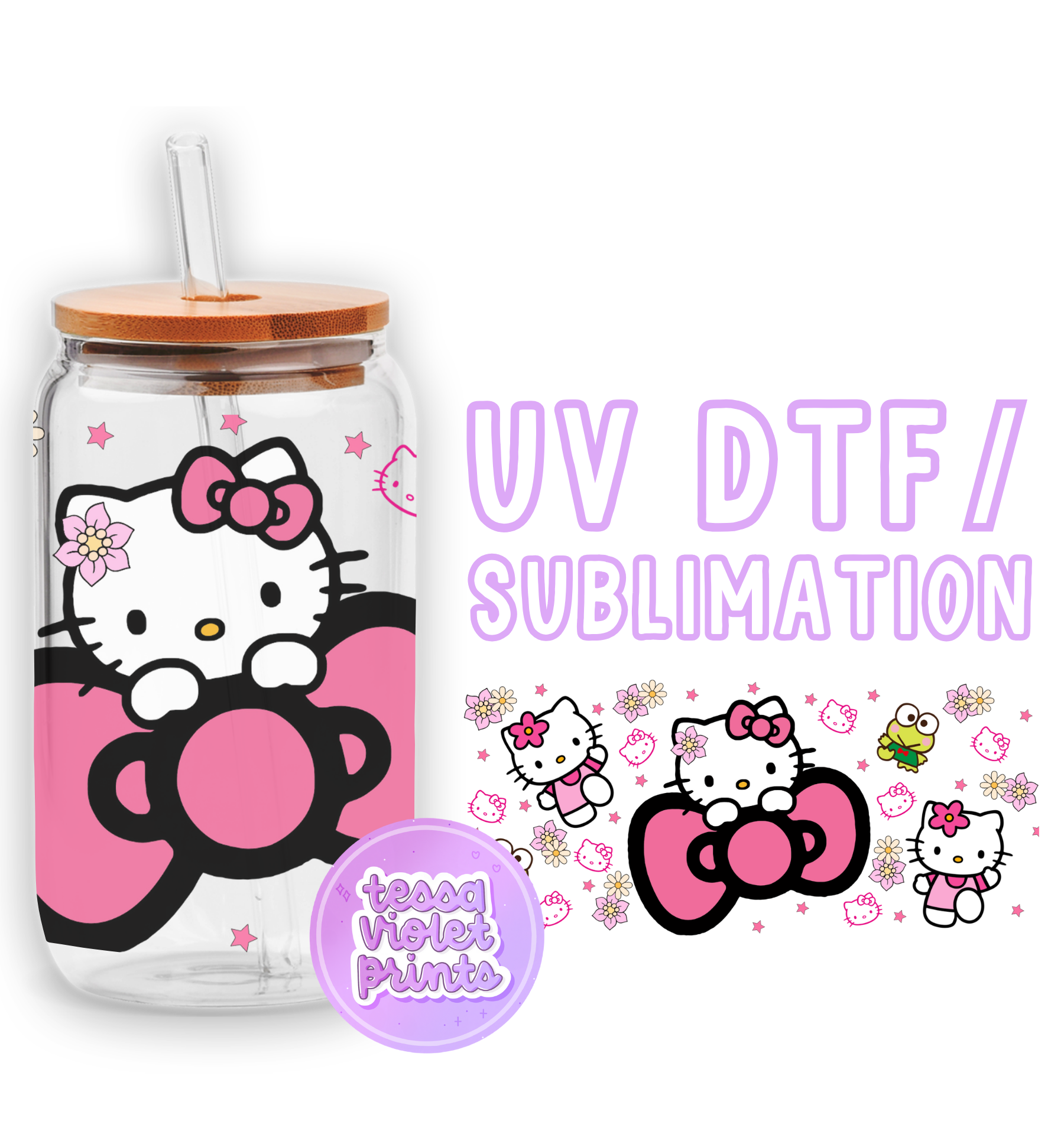 a glass jar with a hello kitty design on it