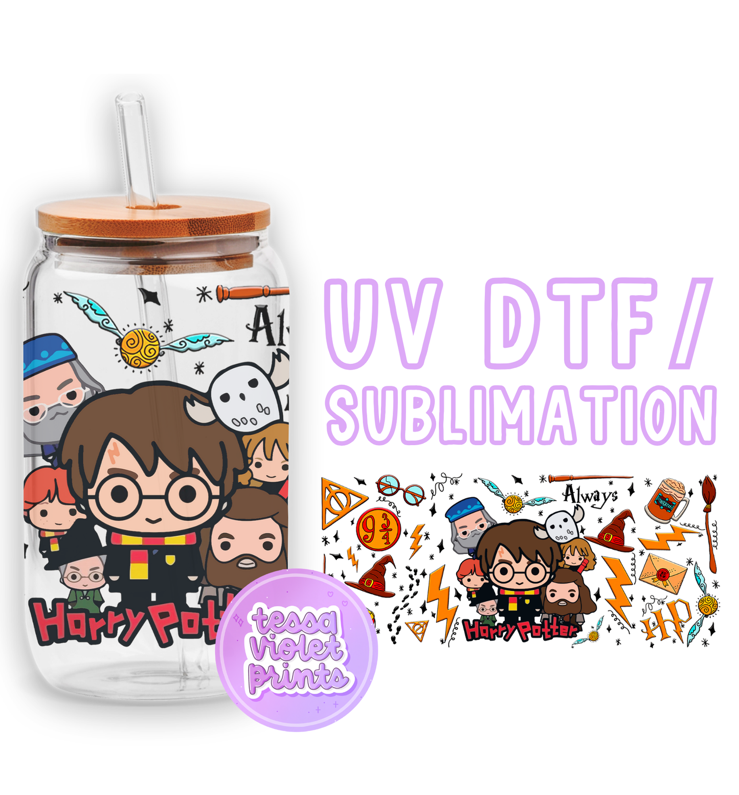 a jar with a sticker of harry potter and her friends