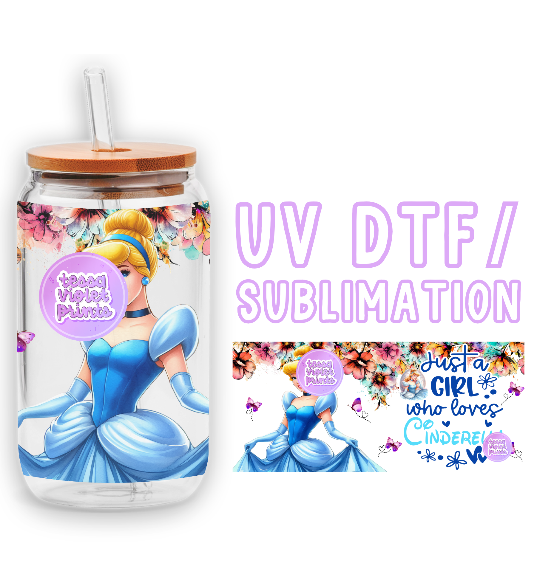 a glass jar with a straw lid and a picture of a princess