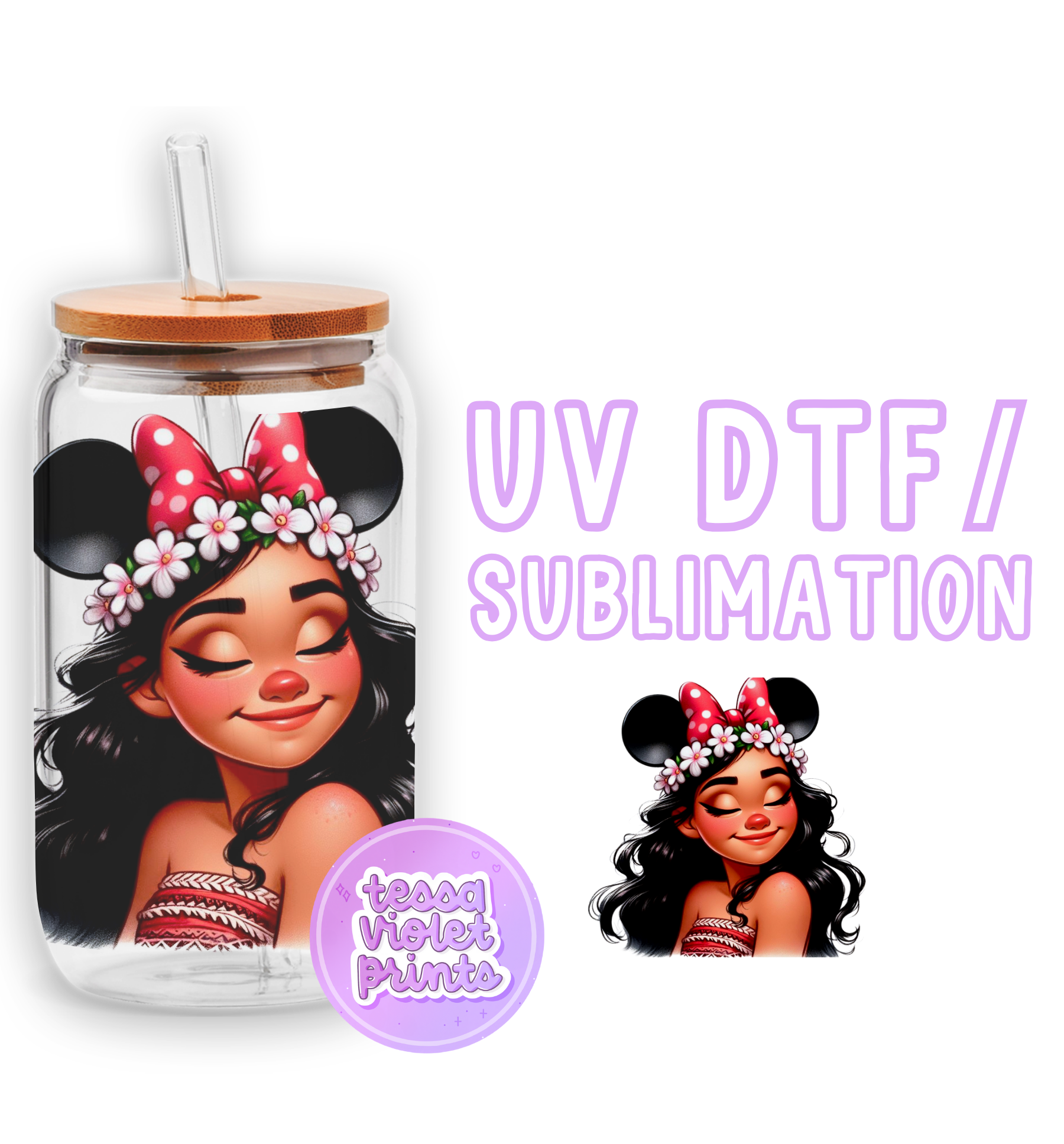 a glass jar with a picture of a girl wearing a minnie mouse head