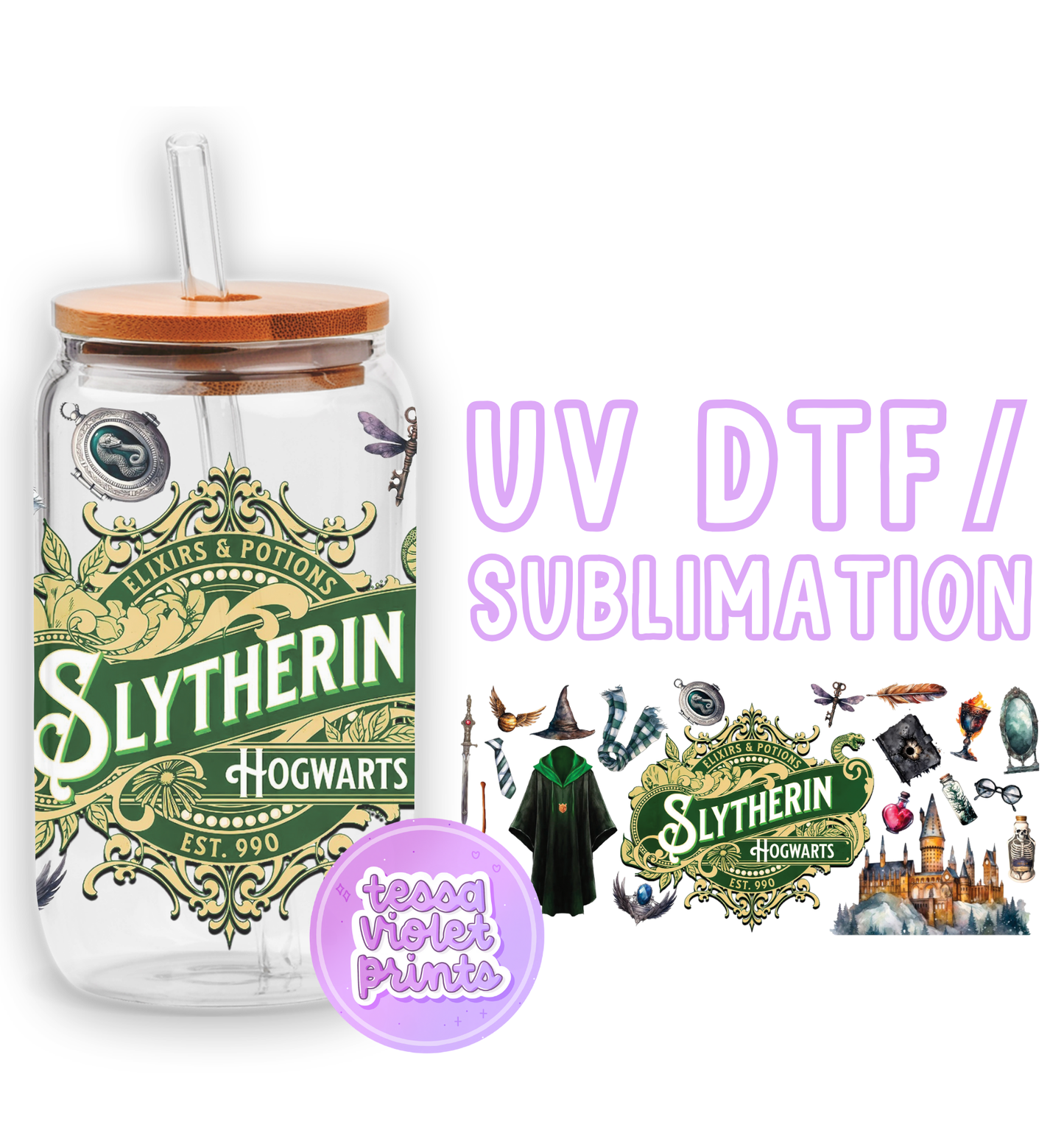 a harry potter jar with a straw lid and a sticker with the name sly