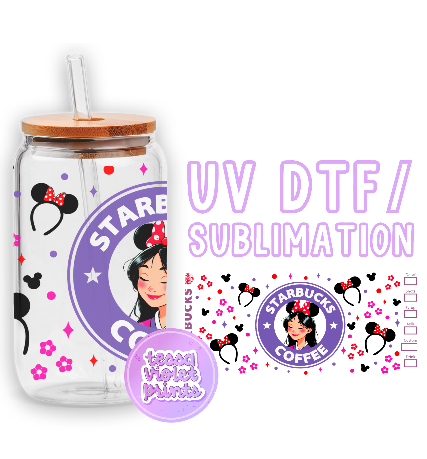 a glass jar with a minnie mouse sticker on it