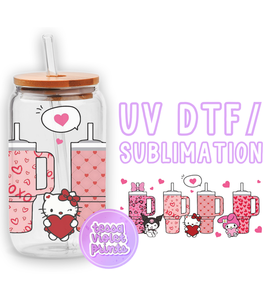 a glass jar with a hello kitty design on it