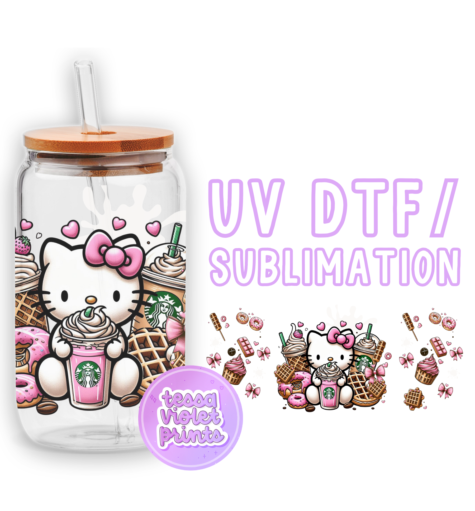 a glass jar with a hello kitty design on it