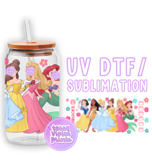 a glass jar with a picture of princesses on it