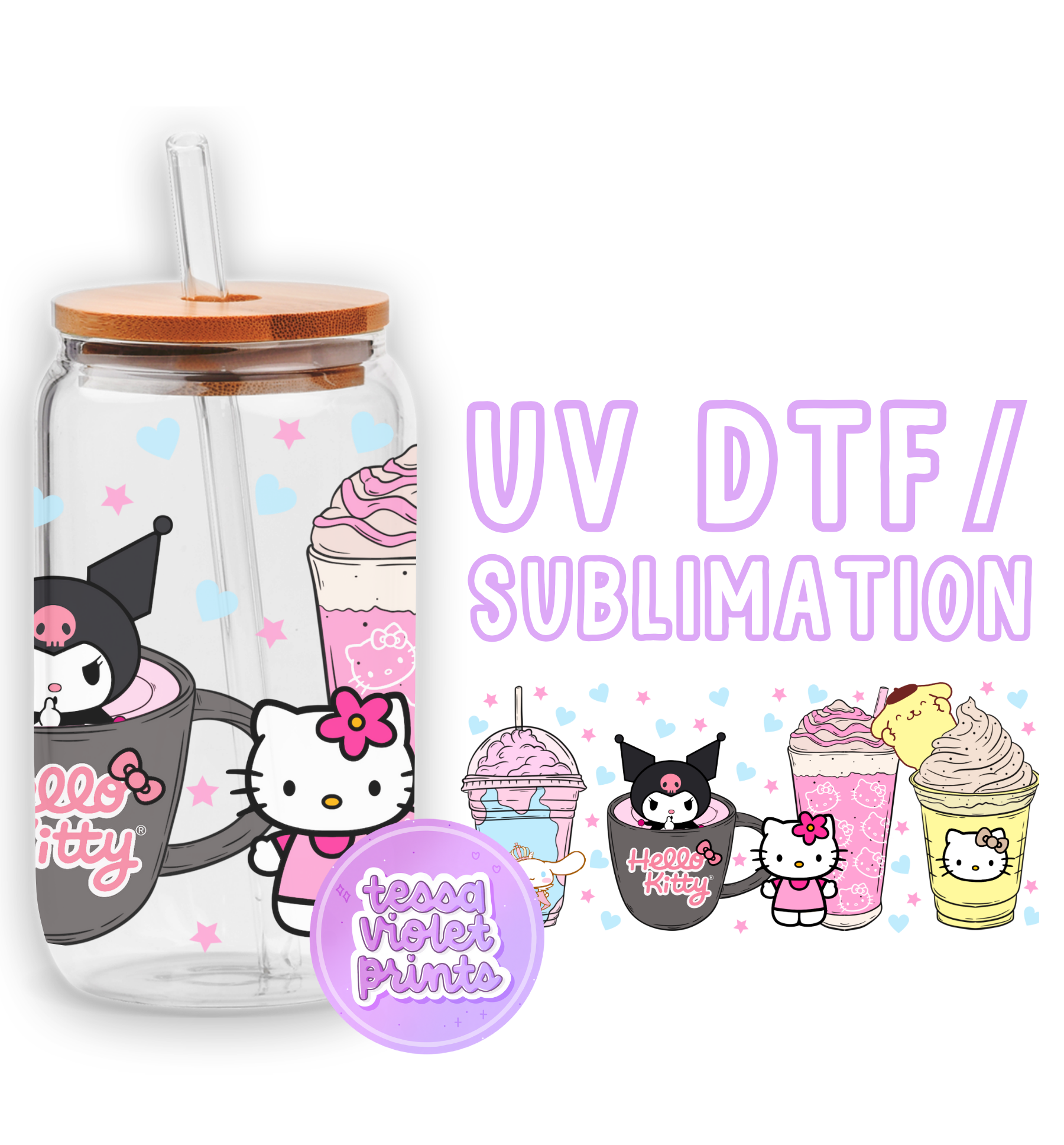 a glass cup with a hello kitty design on it