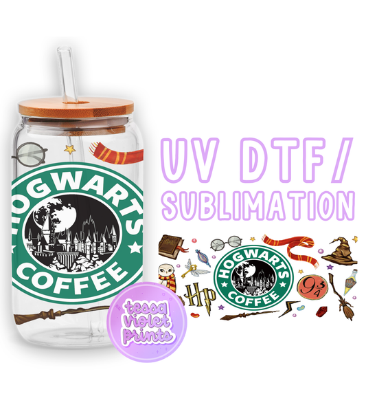 a glass jar filled with coffee next to a sticker